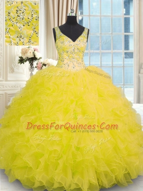 V-neck Sleeveless Zipper Sweet 16 Dresses Yellow Organza