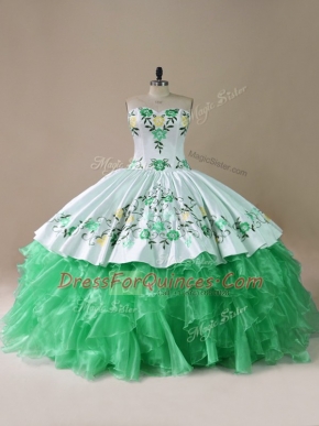 Discount Green Lace Up Sweetheart Embroidery Sweet 16 Dresses Organza Sleeveless Brush Train