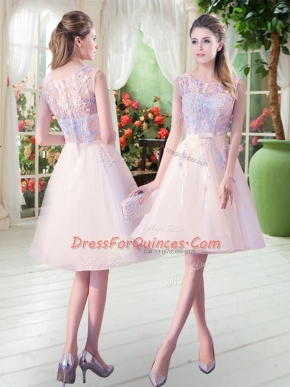 Traditional Tulle Sleeveless Knee Length Dress for Prom and Appliques