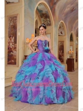 Purple and Aqua Blue Ball Gown Sweetheart Ruffles Organza Quinceanera Dress