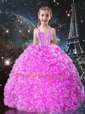 Fuchsia Straps Neckline Beading and Ruffles Girls Pageant Dresses Sleeveless Lace Up