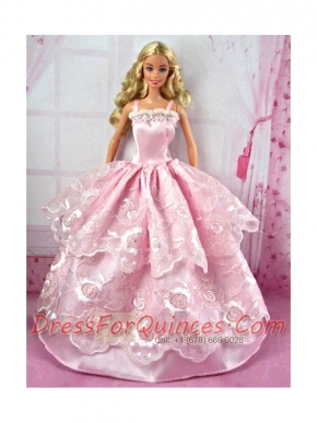 Pretty Pink Party Clothes Lace Fashion Dress for Noble Barbie Doll