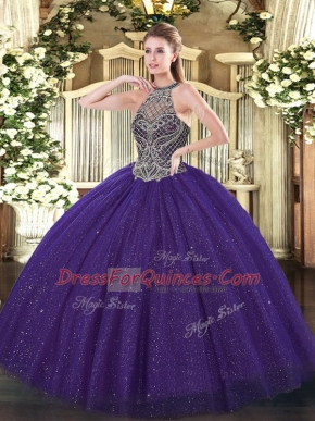 Purple Ball Gowns Beading Sweet 16 Quinceanera Dress Lace Up Tulle Sleeveless Floor Length