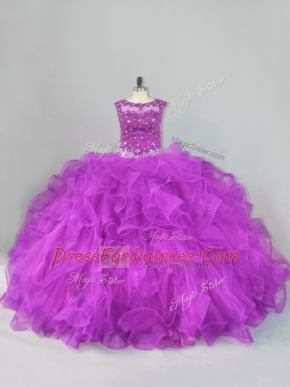 Purple Ball Gowns Beading and Ruffles Sweet 16 Dresses Lace Up Tulle Sleeveless Floor Length