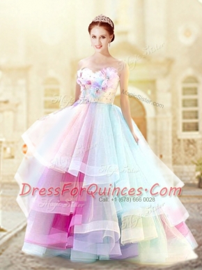 Multi-color Zipper Sweetheart Ruffled Layers and Hand Made Flower Prom Evening Gown Organza Sleeveless