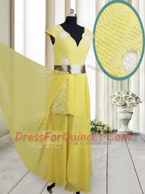 Simple Yellow Empire Beading and Belt Prom Party Dress Zipper Chiffon Cap Sleeves Floor Length