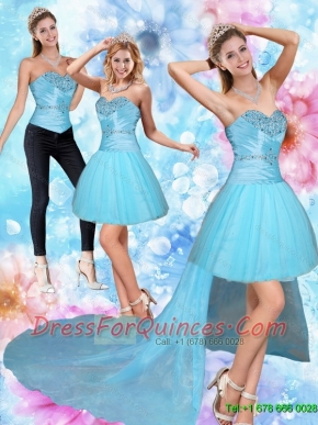Detachable High Low Sweetheart Beading Prom Dresses in Baby Blue