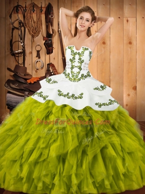 Fantastic Sleeveless Floor Length Embroidery and Ruffles Lace Up Ball Gown Prom Dress with Olive Green