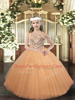 Straps Sleeveless Lace Up Child Pageant Dress Peach Tulle
