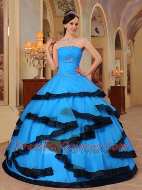 Aqua Blue and Black Strapless 15th Birthday Dresses Organza Appliques