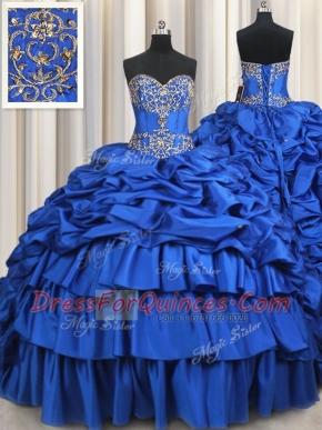 Flare With Train Lace Up Sweet 16 Dresses Royal Blue for Military Ball and Sweet 16 and Quinceanera with Beading and Ruffled Layers and Pick Ups Brush Train