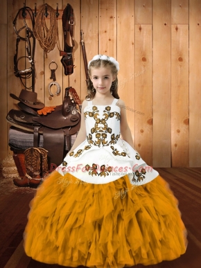 Organza Straps Sleeveless Lace Up Embroidery and Ruffles Pageant Gowns For Girls in Gold
