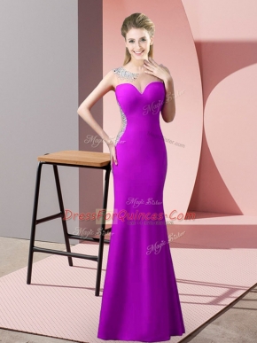 Sleeveless Satin Floor Length Sweep Train Zipper Prom Evening Gown in Purple with Beading and Pick Ups