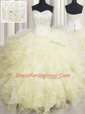 Sweetheart Sleeveless Lace Up Quinceanera Dresses Light Yellow Organza