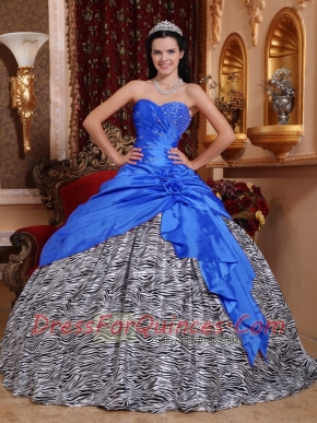 Taffeta and Zebra Blue Sweetheart Beading Ball Gown Dress with Hand Made Flower and Ruching