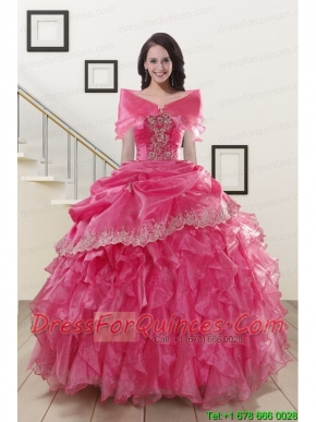 2015 Popular Appliques and Ruffles Quinceanera Gowns in Hot Pink
