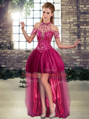 Eye-catching Halter Top Sleeveless Tulle Prom Dress Beading Lace Up