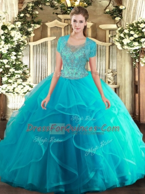 Aqua Blue Ball Gowns Tulle Scoop Sleeveless Beading and Ruffled Layers Floor Length Clasp Handle Quince Ball Gowns