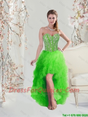 2016 Inexpensive High Low Sweetheart Spring Green Junior Prom Dresses with Beading