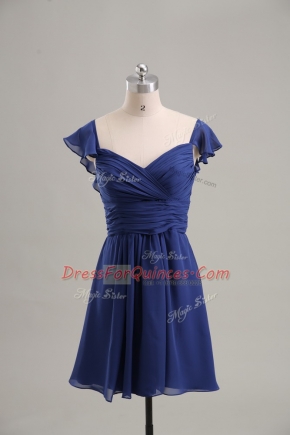 Custom Fit Blue Lace Up Prom Gown Ruching Sleeveless Mini Length