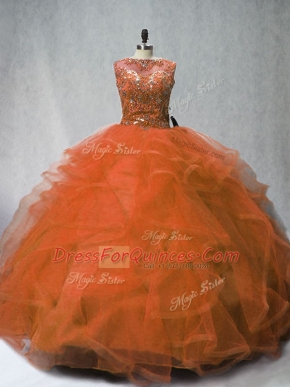 Luxurious Ball Gowns Sleeveless Rust Red Vestidos de Quinceanera Brush Train Lace Up