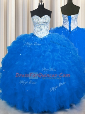 Floor Length Royal Blue 15th Birthday Dress Sweetheart Sleeveless Lace Up