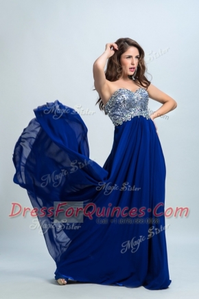 Royal Blue Sleeveless With Train Beading Zipper Prom Party Dress