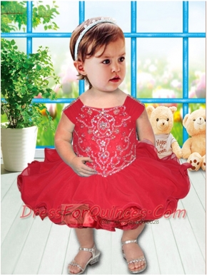 Red Square Knee-length Little Girl Dress with Beading and Ruffles for 2014