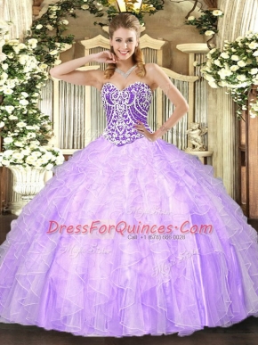 Floor Length Lavender Ball Gown Prom Dress Tulle Sleeveless Beading and Ruffles