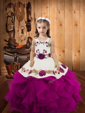 Hot Sale Purple Straps Neckline Embroidery and Ruffles Little Girl Pageant Gowns Sleeveless Lace Up