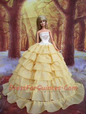 Ruffled Layers Decorate Ball Gown Light Yellow  Barbie Doll Dress