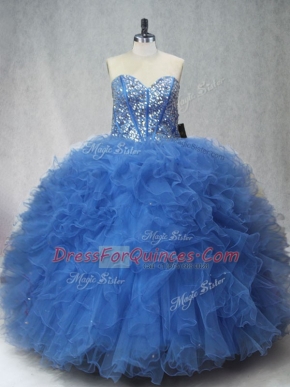 Latest Blue Ball Gowns Beading and Ruffles Vestidos de Quinceanera Lace Up Tulle Sleeveless Floor Length