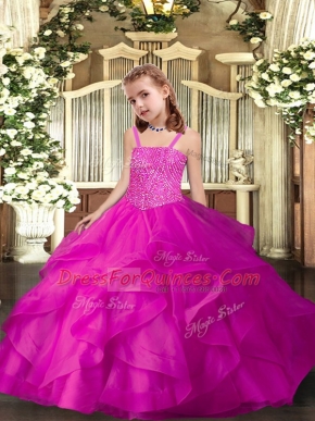 Glorious Floor Length Fuchsia Girls Pageant Dresses Organza Sleeveless Ruffles