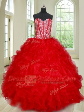 Red Lace Up Sweetheart Beading and Ruffles 15th Birthday Dress Organza Sleeveless