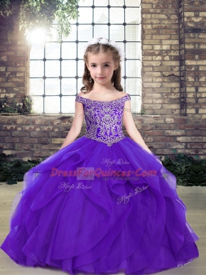 Fashionable Ball Gowns Little Girl Pageant Gowns Purple Scoop Organza Sleeveless Floor Length Lace Up