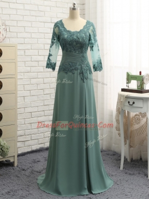 Most Popular Green Prom Gown Prom and Sweet 16 with Beading and Lace and Appliques Scalloped Long Sleeves Zipper