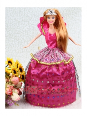 Elegant Hot Pink Taffeta Ball Gown Party Clothes Embroidery Dress For Nobel Barbie