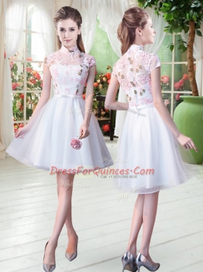 Stylish Knee Length A-line Short Sleeves White Prom Evening Gown Zipper