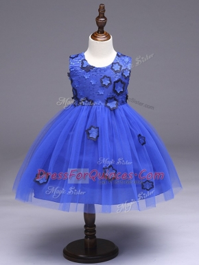 Royal Blue Zipper Scoop Appliques and Bowknot Flower Girl Dresses for Less Tulle Sleeveless