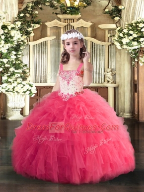 Hot Selling Straps Sleeveless Lace Up Pageant Dress for Teens Hot Pink Tulle