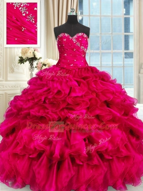 Sleeveless Organza Floor Length Lace Up Quinceanera Dress in Hot Pink with Beading and Ruffles