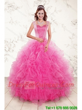 Popular 2015 Sweetheart Hot Pink Quince Gown with Beading and Ruffles