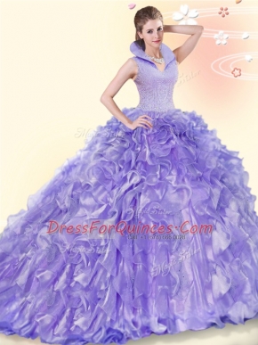 Beading and Ruffles Sweet 16 Dress Lavender Backless Sleeveless Brush Train