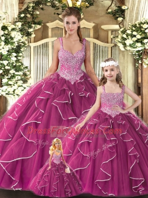 Perfect Fuchsia Lace Up Quinceanera Gowns Beading and Ruffles Sleeveless Floor Length