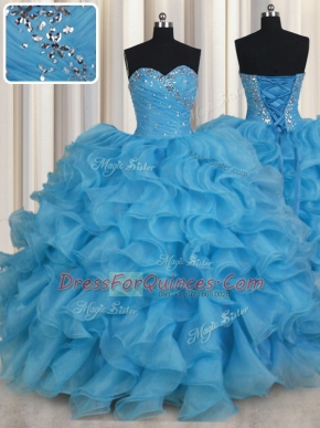 Baby Blue Lace Up Ball Gown Prom Dress Beading and Ruffles Sleeveless Floor Length