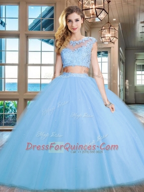 Sweet Scoop Cap Sleeves Tulle Sweet 16 Quinceanera Dress Beading and Appliques Zipper