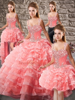 Flirting Watermelon Red Straps Lace Up Beading and Ruffled Layers Sweet 16 Dress Court Train Sleeveless