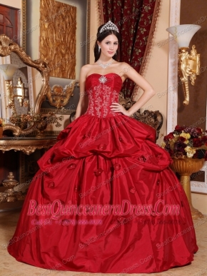 Wine Red Ball Gown Strapless Floor-length Taffeta Appliques Quinceanera Dress