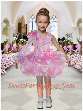 Luxurious Asymmetrical Mini-length Long Sleeve Beading Pink Little Girl Dresses