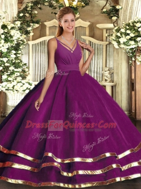 Sexy Ball Gowns Sweet 16 Dress Purple V-neck Tulle Sleeveless Floor Length Backless